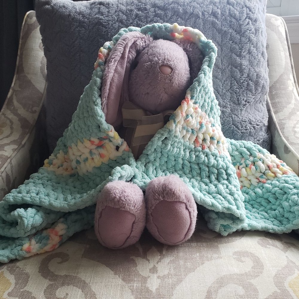 Handmade Crochet Baby Blanket - Seafoam & Confetti Stripes